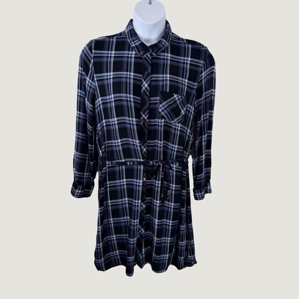 BLL nyc Blue Plaid Rayon Shirt Dress XL Long Sleeve Button Front Fall Western